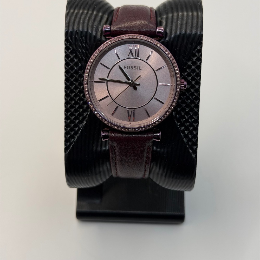 Fossil Carlie ES4464 Women 34mm Purple Crystal Leather Watch Dressy